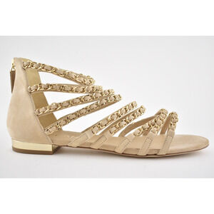 Chanel 18P Beige Suede Chain Gold CC Gladiator Strap Mule Slide Flat Sandal 36.5